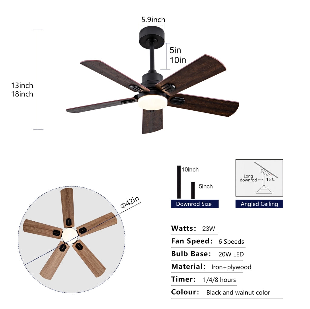 Ventilatore da soffitto 106;7 cm nero metallo e impiallacciatura noce; luce LED dimmerabile