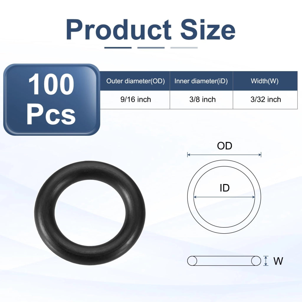 100 anelli di tenuta O-ring AS-110, diametro interno 3/8", diametro esterno 9/16", spessore 3/32", in NBR, colore nero