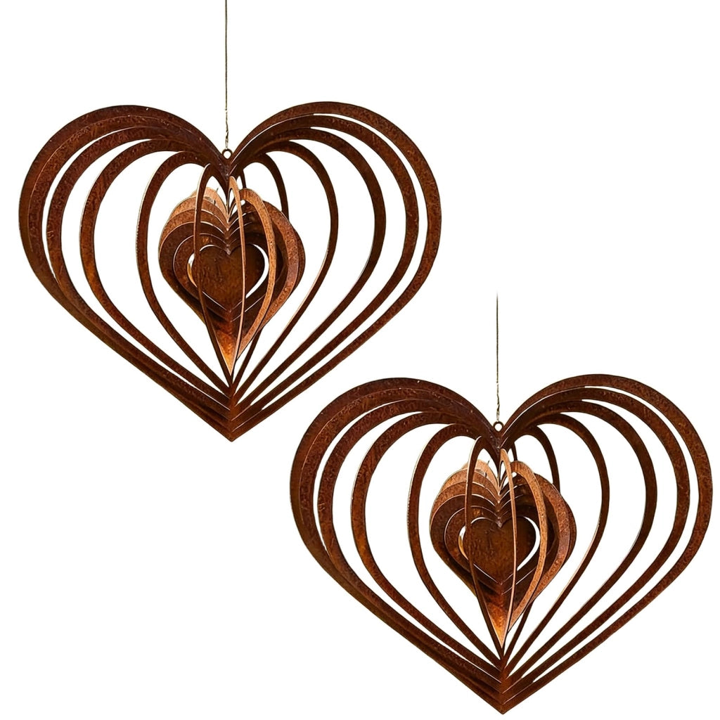 Set da 2 elementi, campanelli a forma di cuore, effetto ruggine, dimensioni 25x21,5 cm, metallo