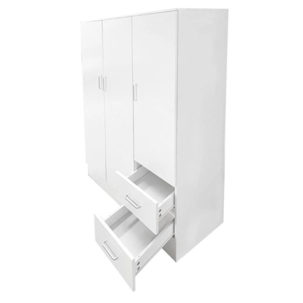 Guardaroba Anci, Armadio moderno a 3 ante battenti 2 cassetti, Mobile lineare da camera con tubo appendiabiti , Cm 120x50h170, Bianco