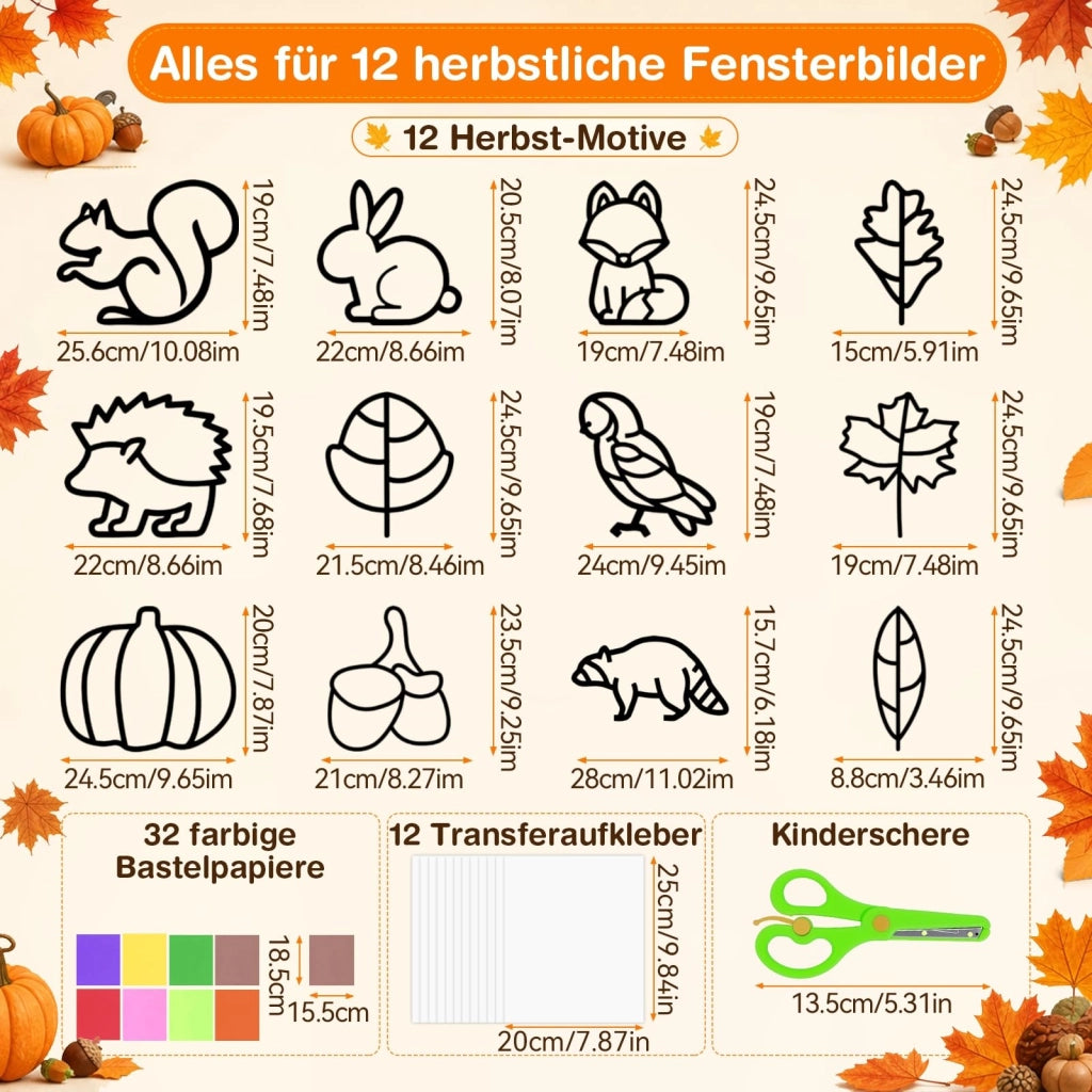 Kit per attività creative a tema autunnale per bambini – 12 decorazioni per finestre con modelli
