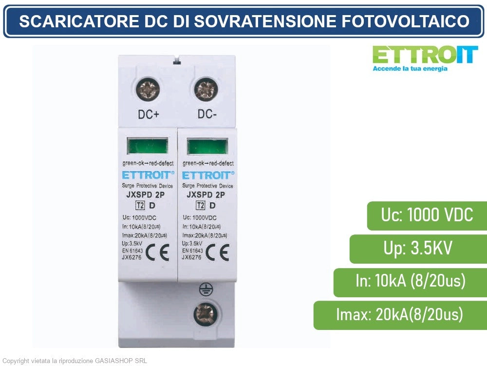 ETTROIT - SCARICATORE DI SOVRATENSIONE FOTOVOLTAICO TIPO 2 T2 D 2P DC 1000V 3.5KV 10KA OCCUPA 2 MODULI DIN