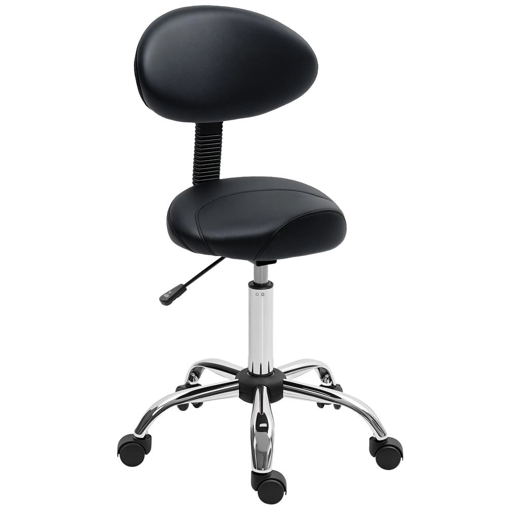 Sgabello da lavoro con ruote e schienale girevole a 360° regolabile 83-98 cm per ufficio e salone