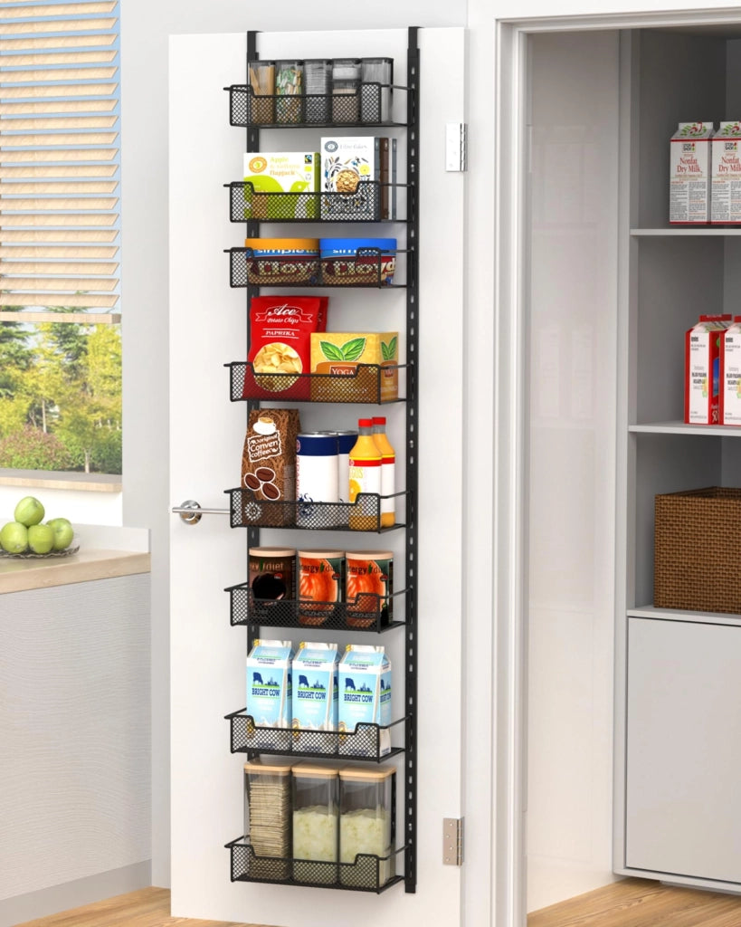 Organizer stretto per dispensa, 8 livelli, cestelli regolabili, scaffale da porta per cucina, portaspezie, nero