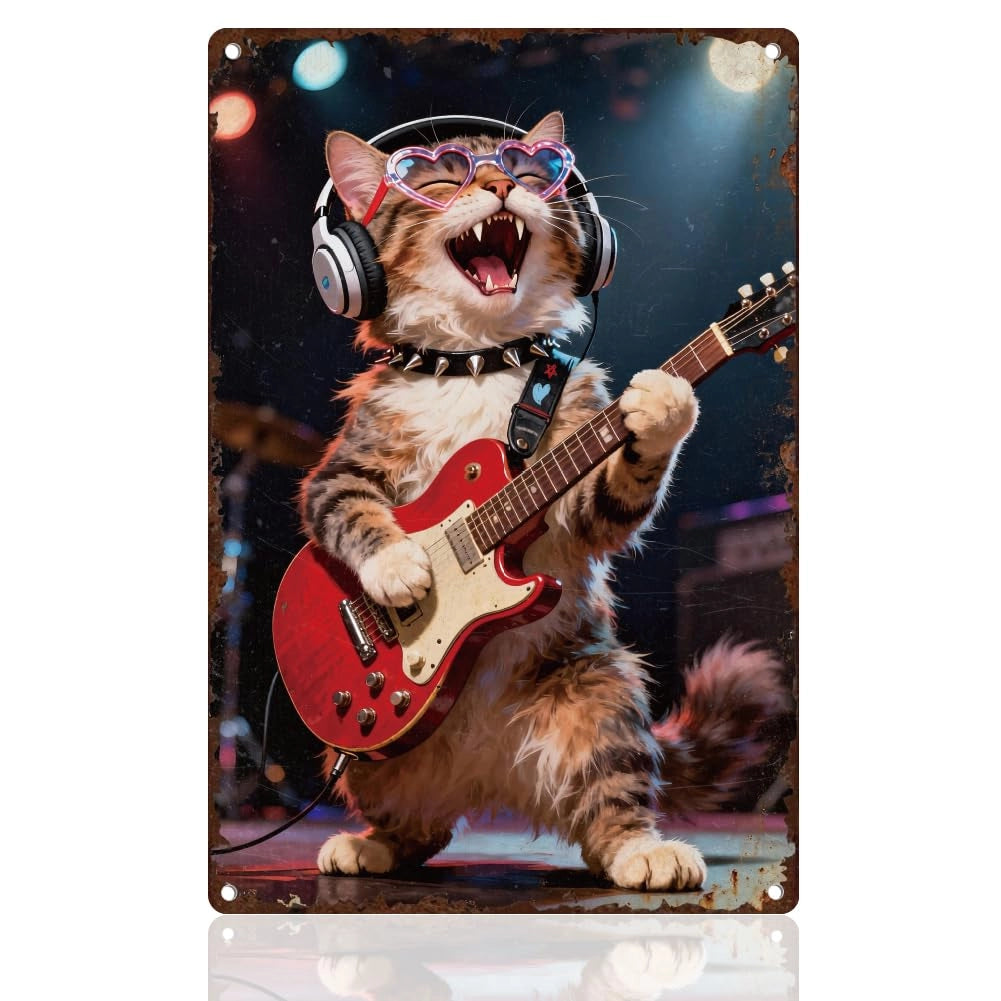 Scudo in metallo a forma di gatto che suona la chitarra, dimensioni 20x30 cm, stile vintage