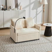Divano beige in tessuto con porta USB e supporto per tablet