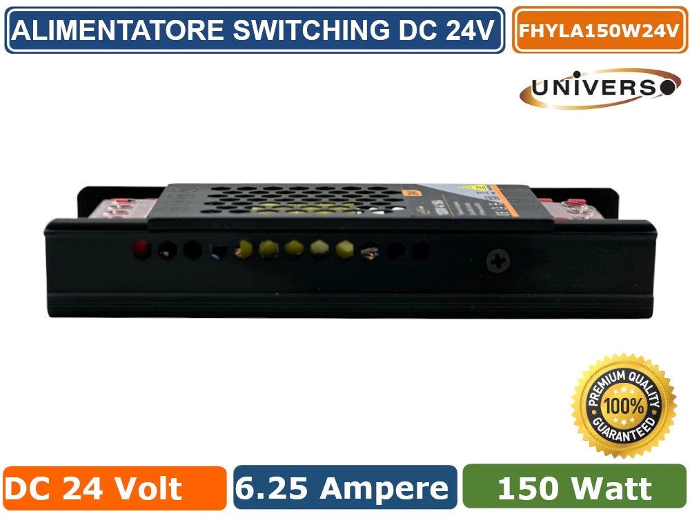ALIMENTATORE SLIM METALLICO STABILIZZATO SWITCHING TRIMMER 220V-24V 6.25A 150 WATT COLORE NERO