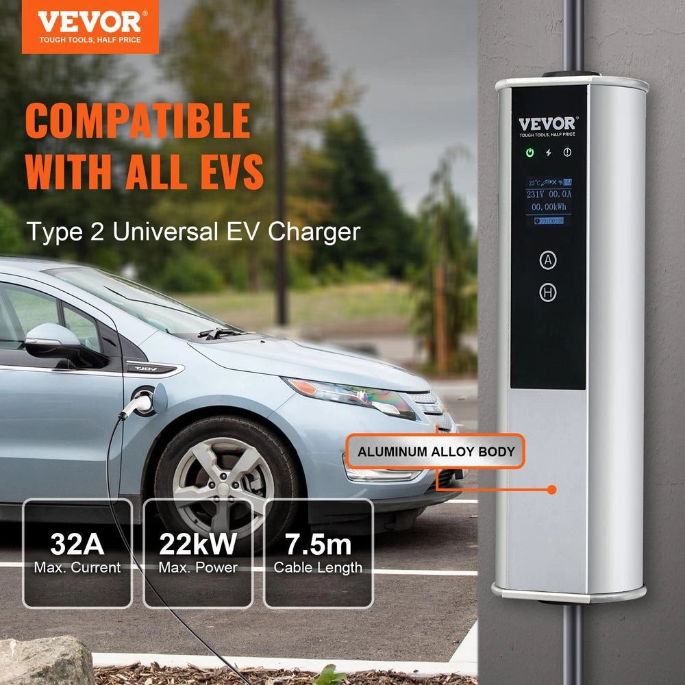 Caricabatterie EV Portatile Tipo 2 32A 22kW Cavo 7,5m IP66 con Schermo LCD e Controllo APP per Auto Elettrica