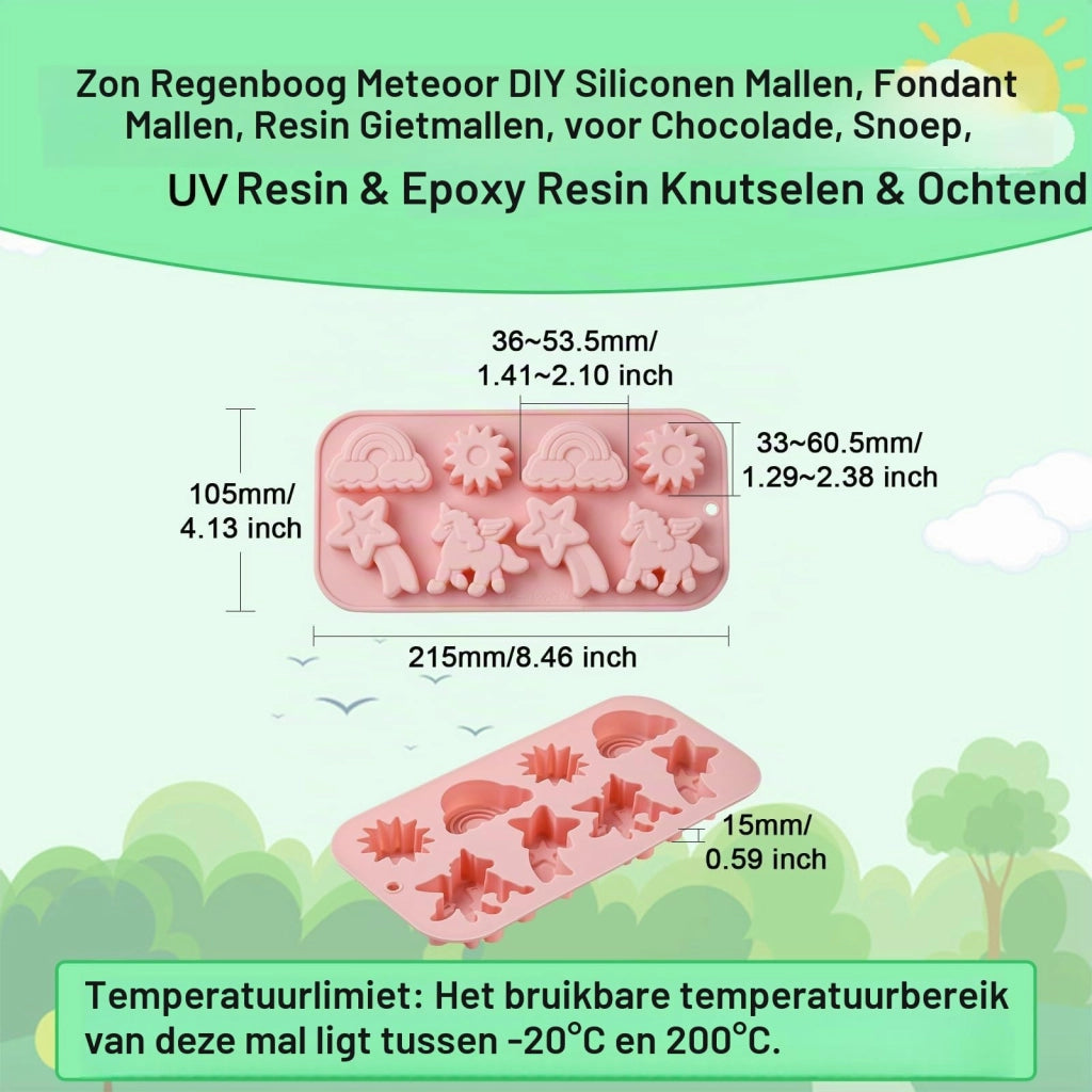 2 stampi in silicone: unicorno, sole, meteora, arcobaleno