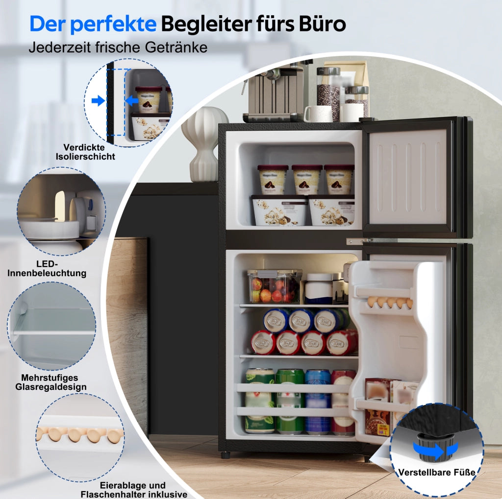 FRIGORIFERO compatto 60 L con congelatore 22 L, nero, porta in vetro e LED