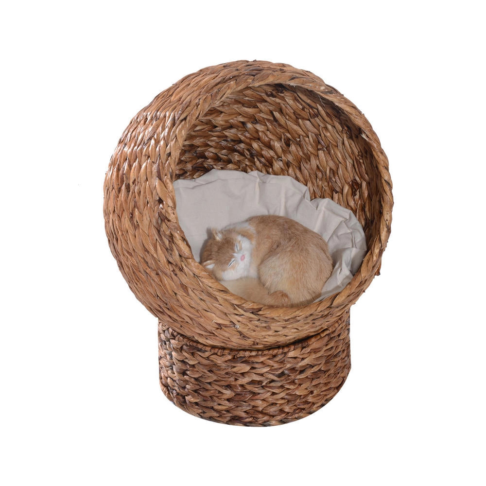 Cesta cuccia per gatti in giacinto d'acqua e rattan con cuscino morbido, lettino casetta per casa, marrone, 50 x 42 x 60 cm
