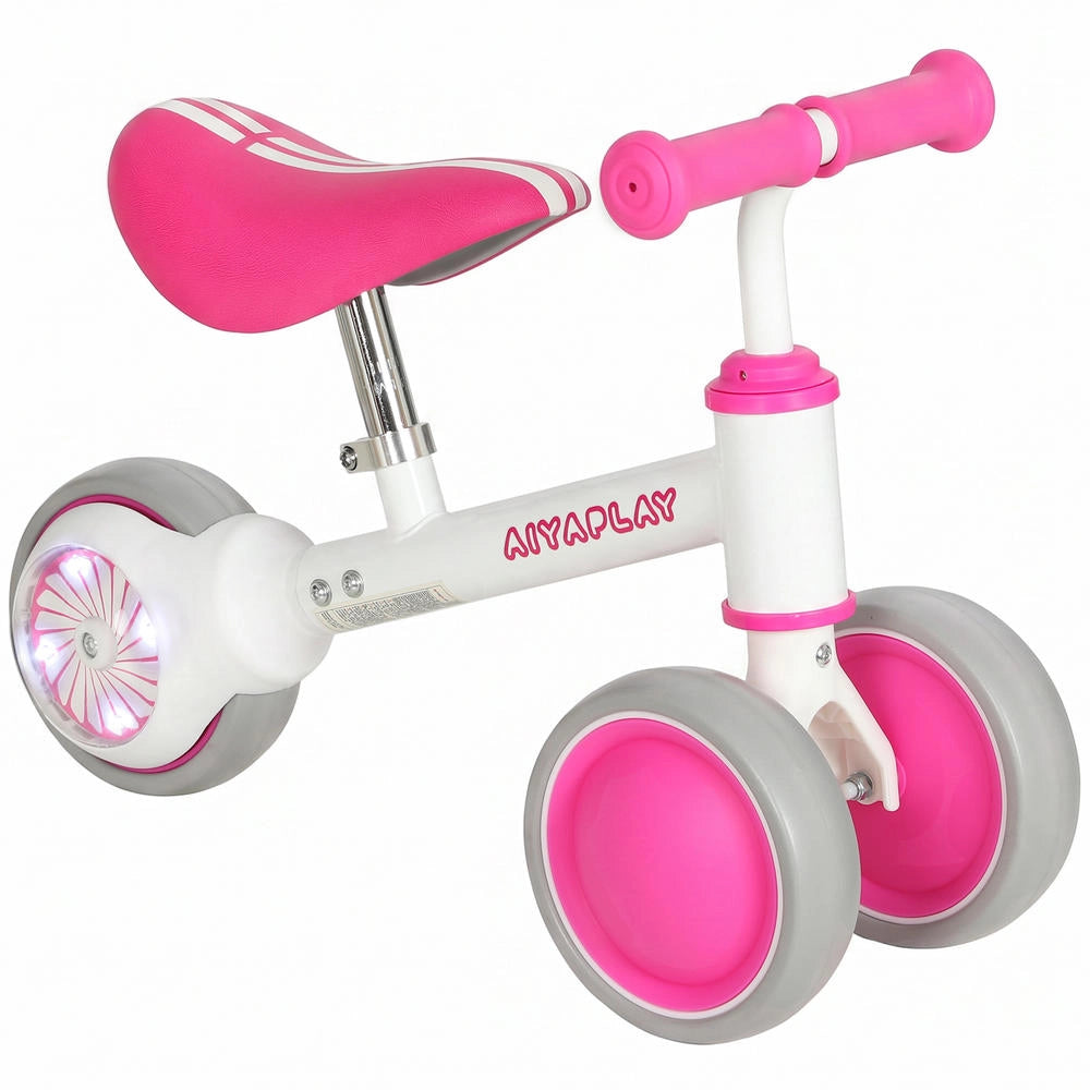 Bicicletta senza pedali per bambini 12-24 mesi, 3 ruote EVA rosa silenziose, posteriori luminose, pratica per casa, limite sterzo 135°, 51x22x36cm