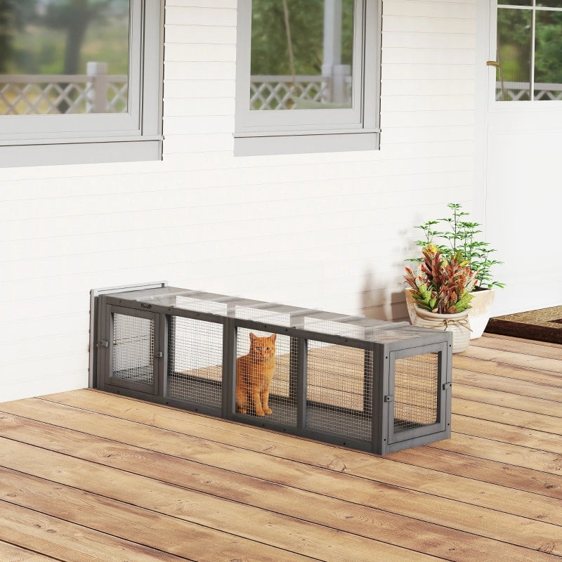 Tunnel per gatti in legno, 151,5 x 38,5 cm, grigio, con 3 porte, espandibile, per gatti fino a 10 kg