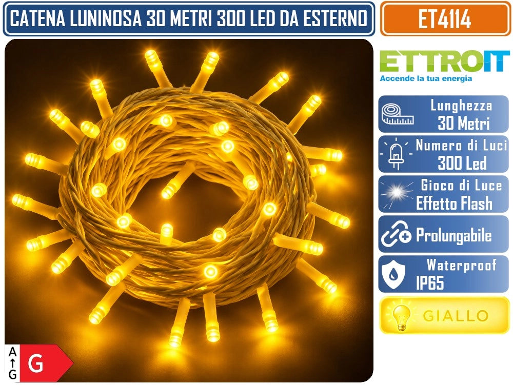 CATENA LUMINOSA NATALIZIA ETTROIT ET4114 300 LED 30 METRI LUCE GIALLA 2800°K CON EFFETTO FLASH BIANCO CAVO BIANCO PROLUNGABILE IP65 PER INTERNO ED ESTERNO