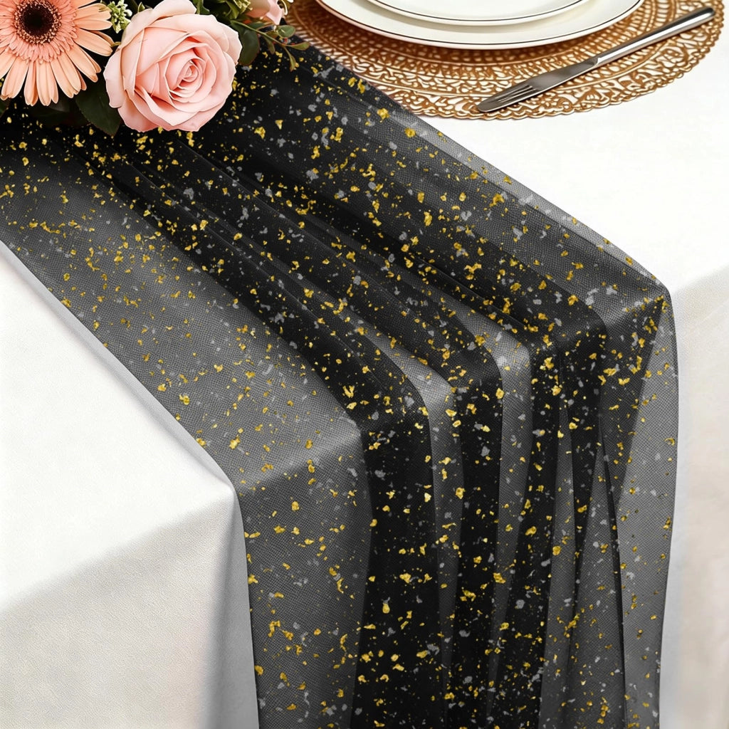 Nastro in tulle nero e oro, 75x300 cm, con finiture in foglia d'oro lucida
