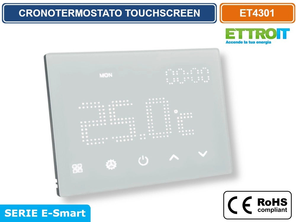 ETTROIT ET4301 CRONOTERMOSTATO TOUCH SCREEN AC 230V PROGRAMMABILE DA INCASSO SU SCATOLA 503 BIANCO