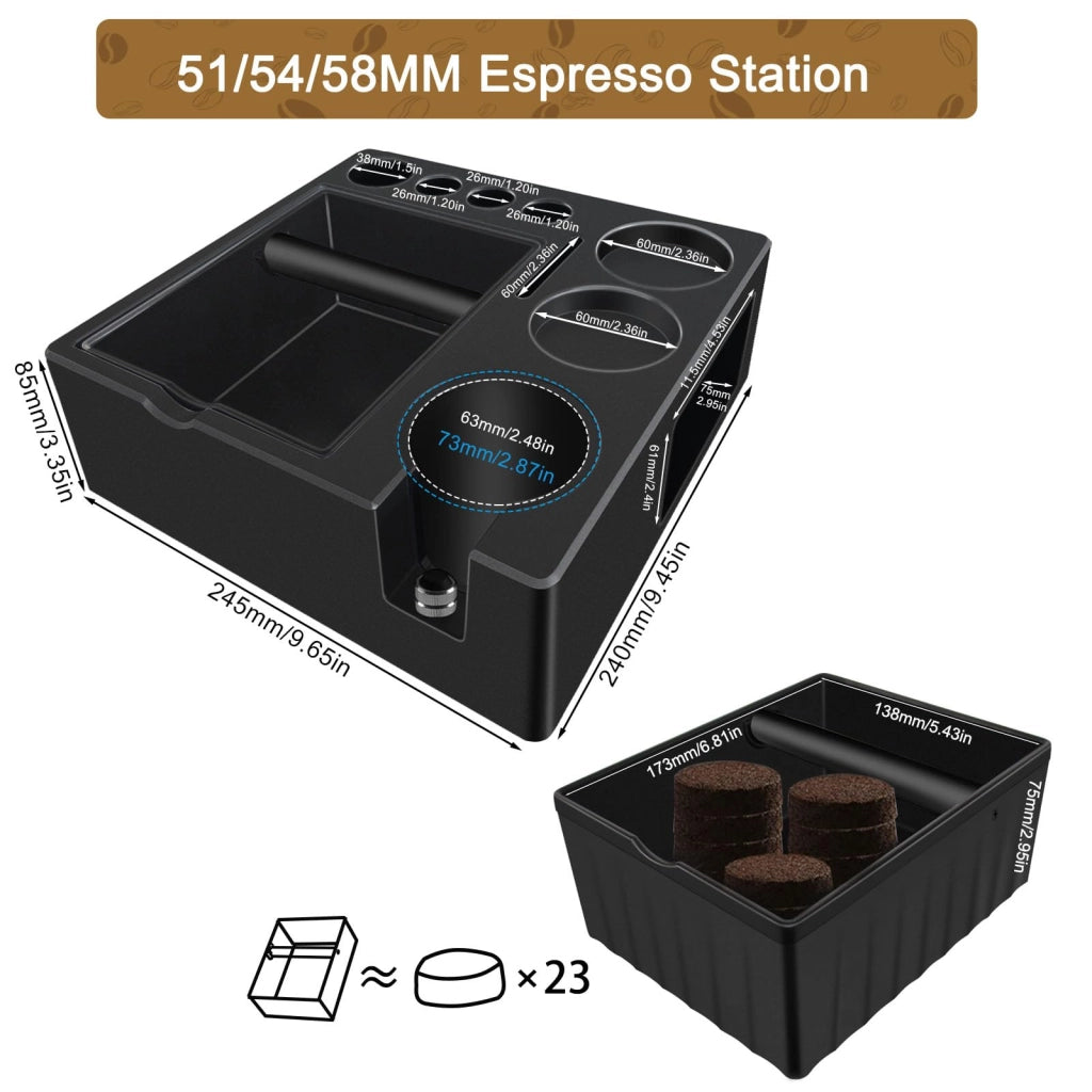 Scatola per la pressatura del caffè espresso e stazione per il pressino, 9 funzioni in 1, in ABS, per filtri da 51-58 mm, colore nero
