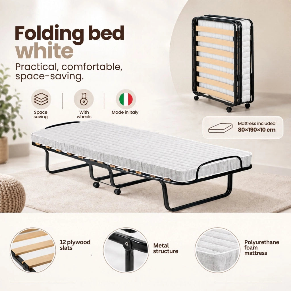 Letto pieghevole Tellus, Brandina con rete 12 doghe, Materasso incluso, Lettino salvaspazio, 100% Made in Italy, 80x190h37 cm, Custodia protettiva su richiesta