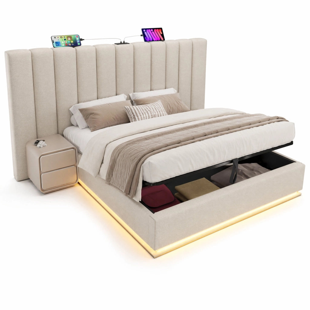 Letto matrimoniale 180x200 cm contenitore LED USB USB-C lino beige