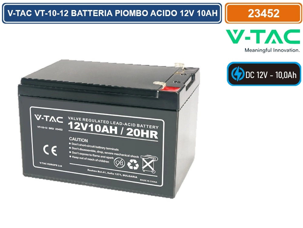V-TAC VT-10-12 BATTERIA PIOMBO ACIDO 12V 10AH CON ATTACCHI T2 - SKU 23452