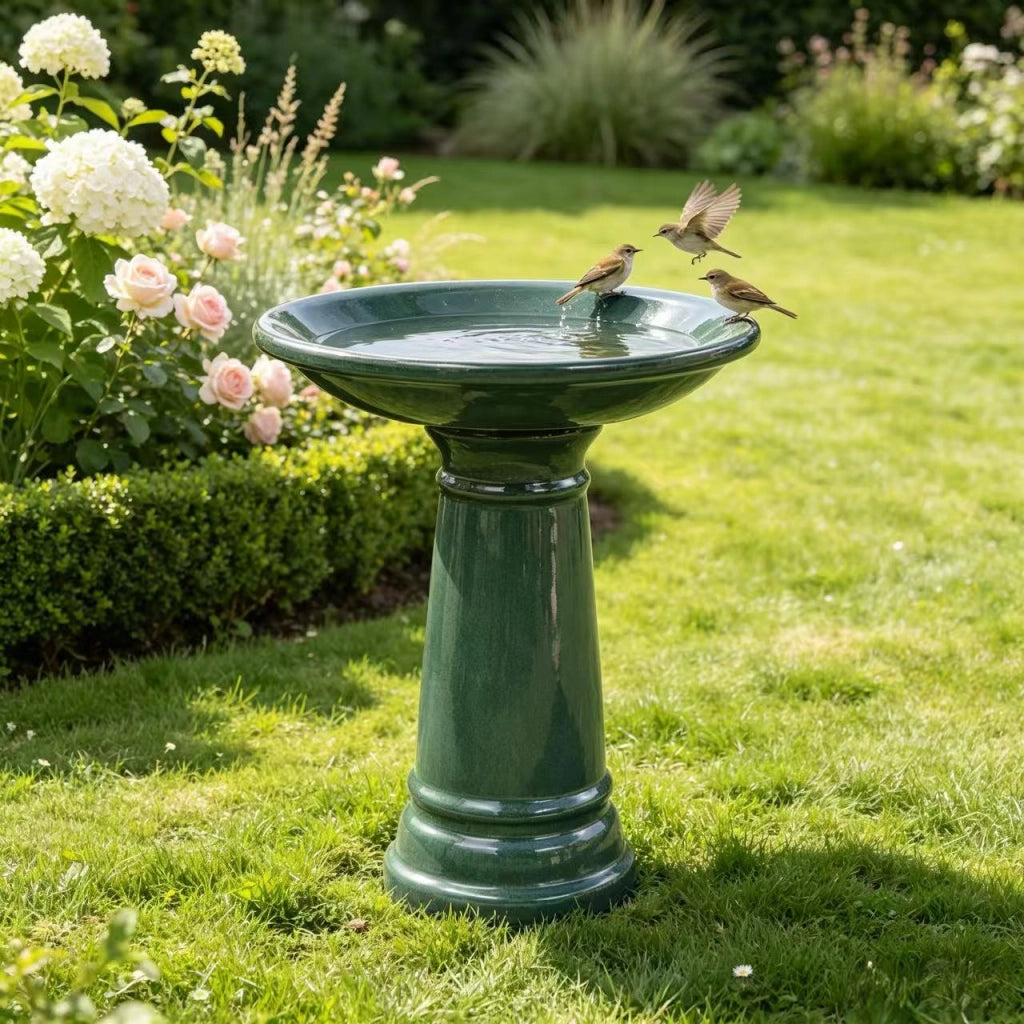 Vasca per uccelli in ceramica fatta a mano, Ø 31,5 cm, h 38 cm, verde scuro lucido, resistente alle intemperie e al gelo, per giardino, terrazza e balcone