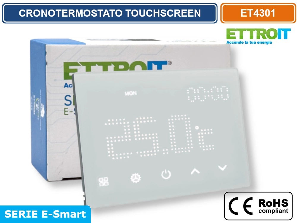 ETTROIT ET4301 CRONOTERMOSTATO TOUCH SCREEN AC 230V PROGRAMMABILE DA INCASSO SU SCATOLA 503 BIANCO