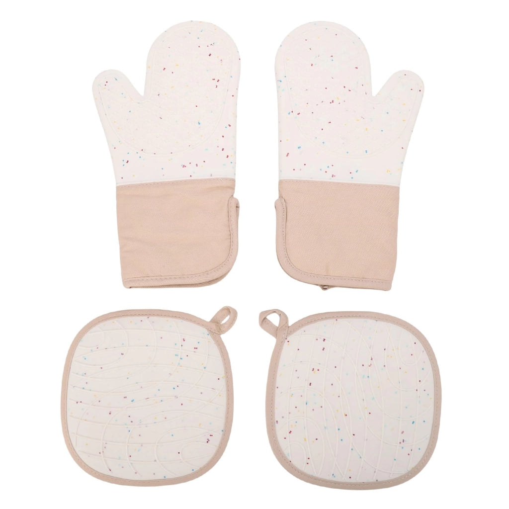 Set di 4 guanti da forno e presine, resistenti al calore fino a 500 °F, in cotone, color beige