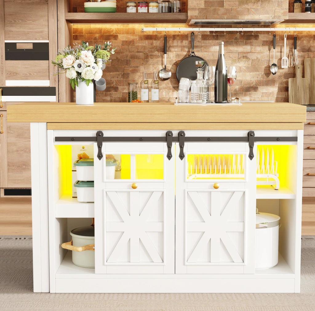 Isola cucina con tavolo allungabile girevole e credenza LED bianca