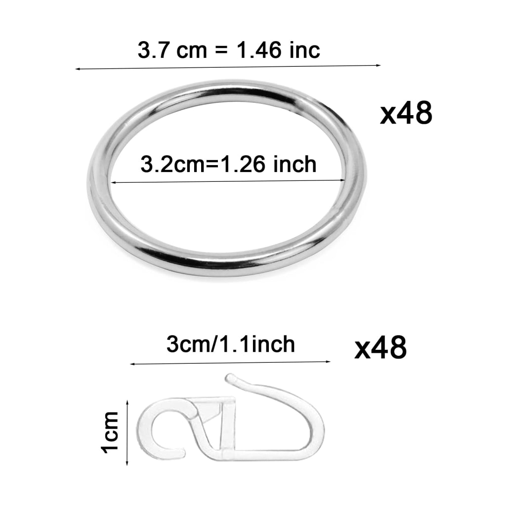 48 anelli per tende in metallo, diametro 30 mm, con 48 ganci, color argento