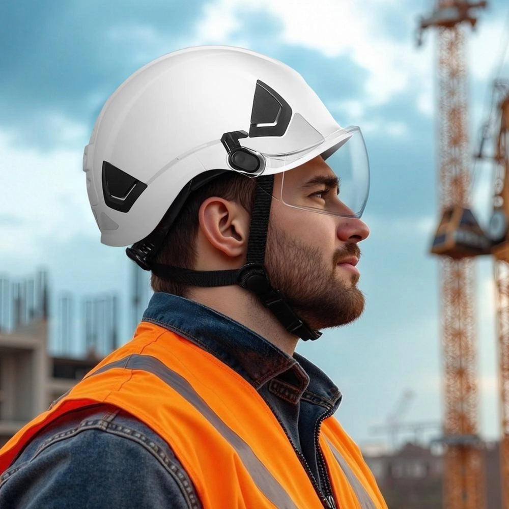 M-5015 Casco di Sicurezza da Cantiere con Visiera in ABS Bianco Regolabile a 6 Punti per Edilizia e Fai da Te