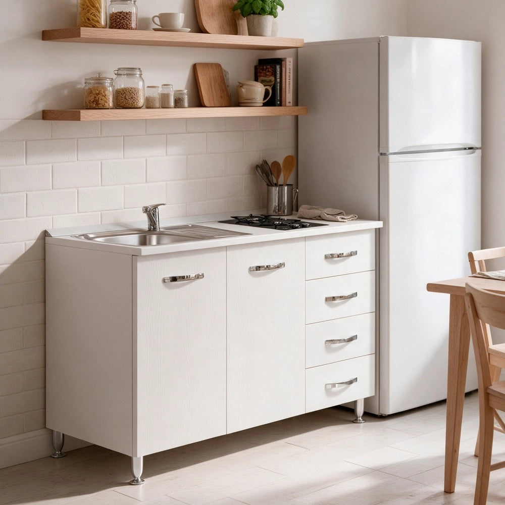 Mini cucina Cucinino120 con cassetti bianco larice lavello e piano cottura vetroceramica 120x60x85H