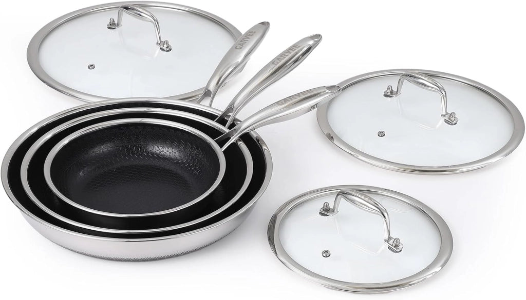 Set 3 Padelle in Acciaio Inox 20 26 30 cm con Coperchi Fondo 3 Strati Induzione Antiaderente