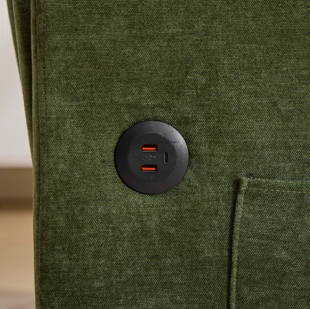 Divano in tessuto verde con porta USB e supporto per tablet