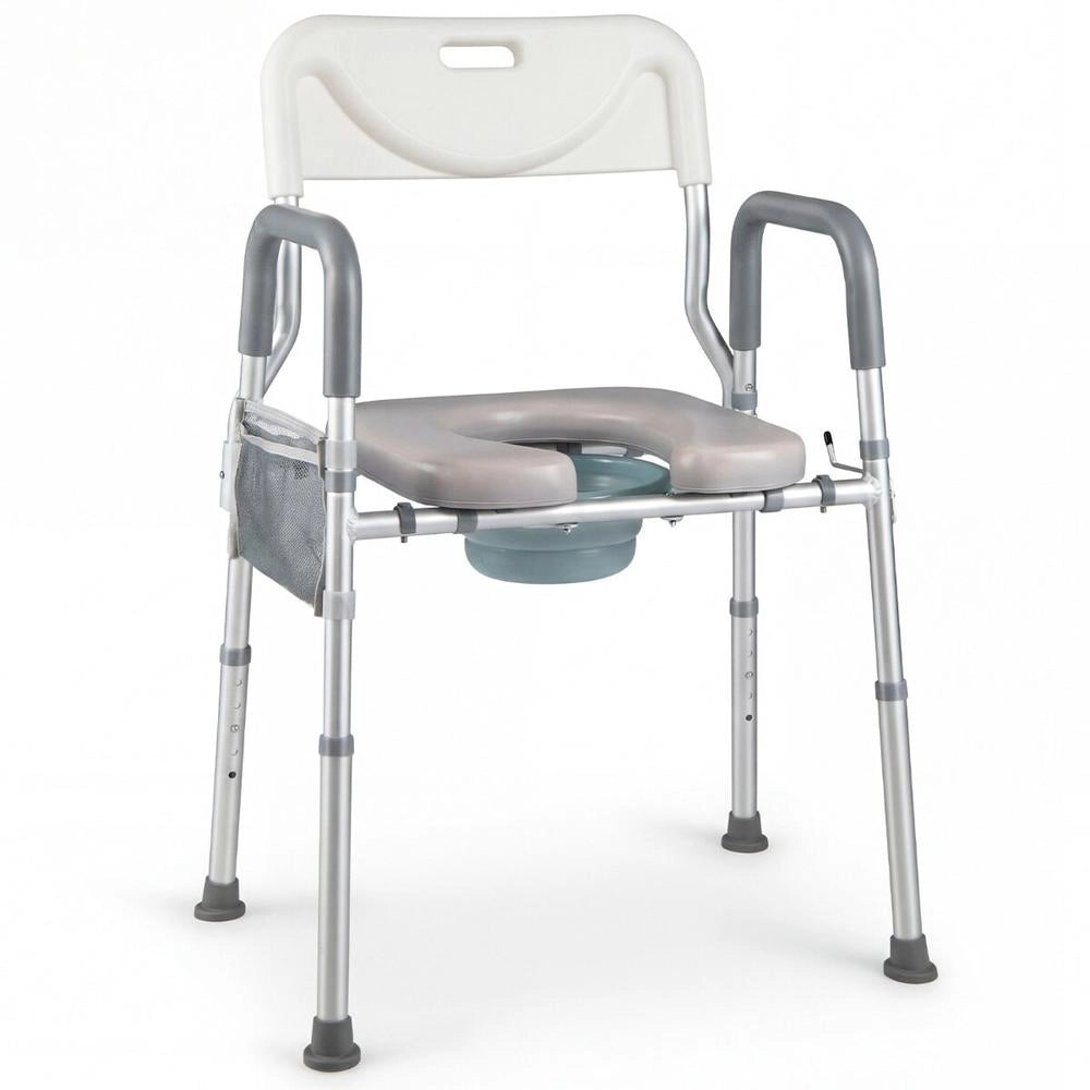 Sedia Comoda WC 3 in 1 in Alluminio Rialzo per Bagno Altezza Regolabile da 49 a 59 cm con Seduta Imbottita e Secchio Rimovibile