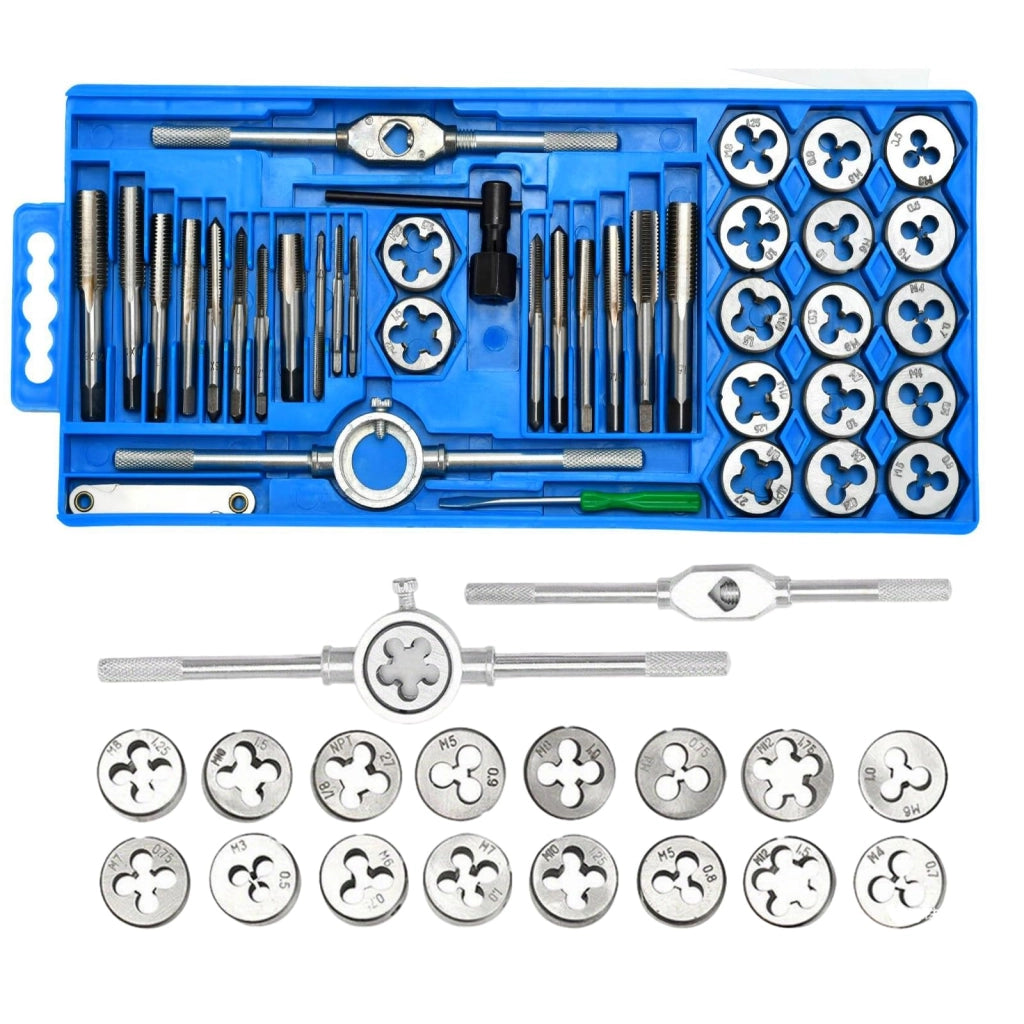 Set metrico per filettatura, 40 pezzi, da M3 a M12, incl. filiere, maschi e calibro per passo