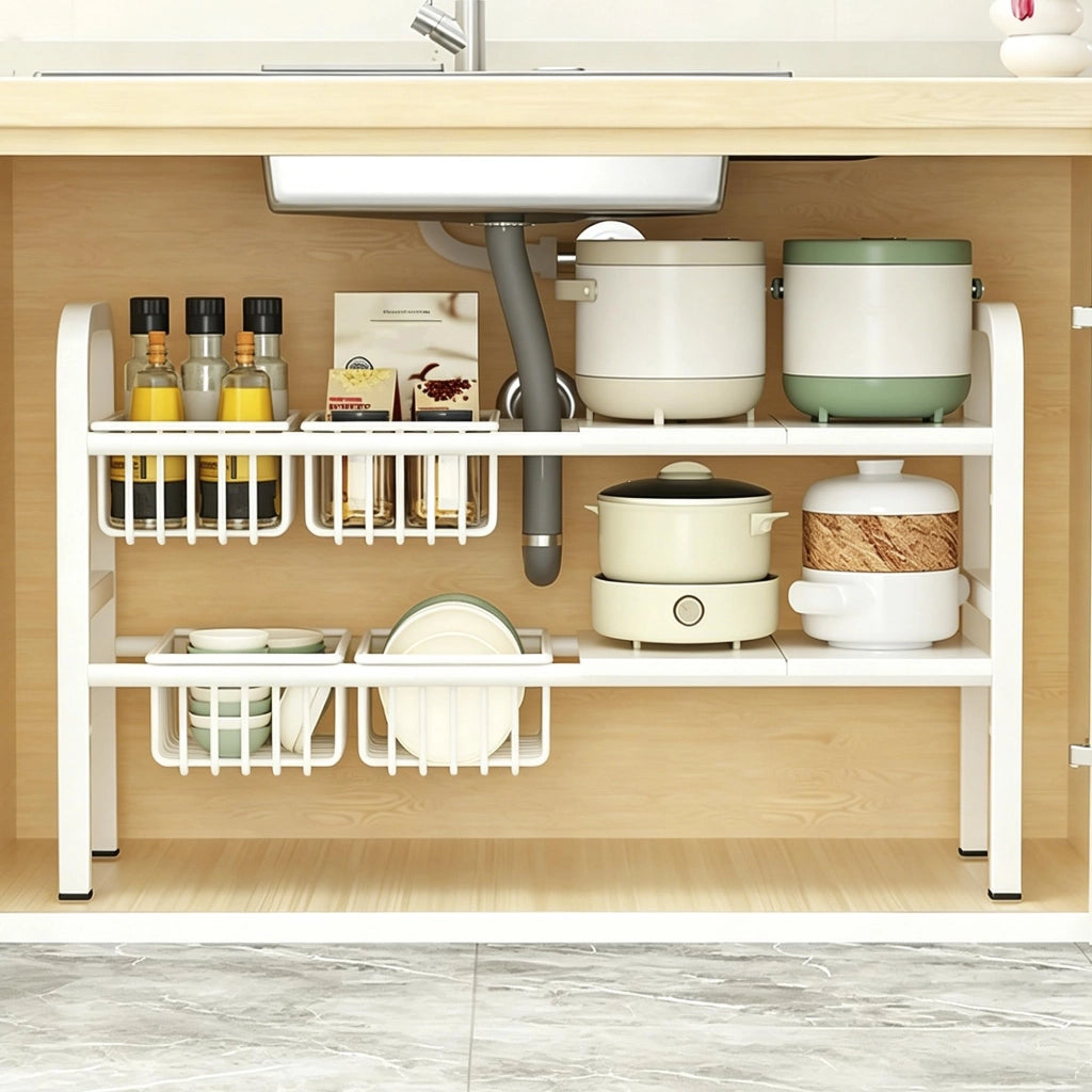 Organizzatore per armadietti da cucina, a 2 livelli, bianco, con 4 ripiani e 4 cesti