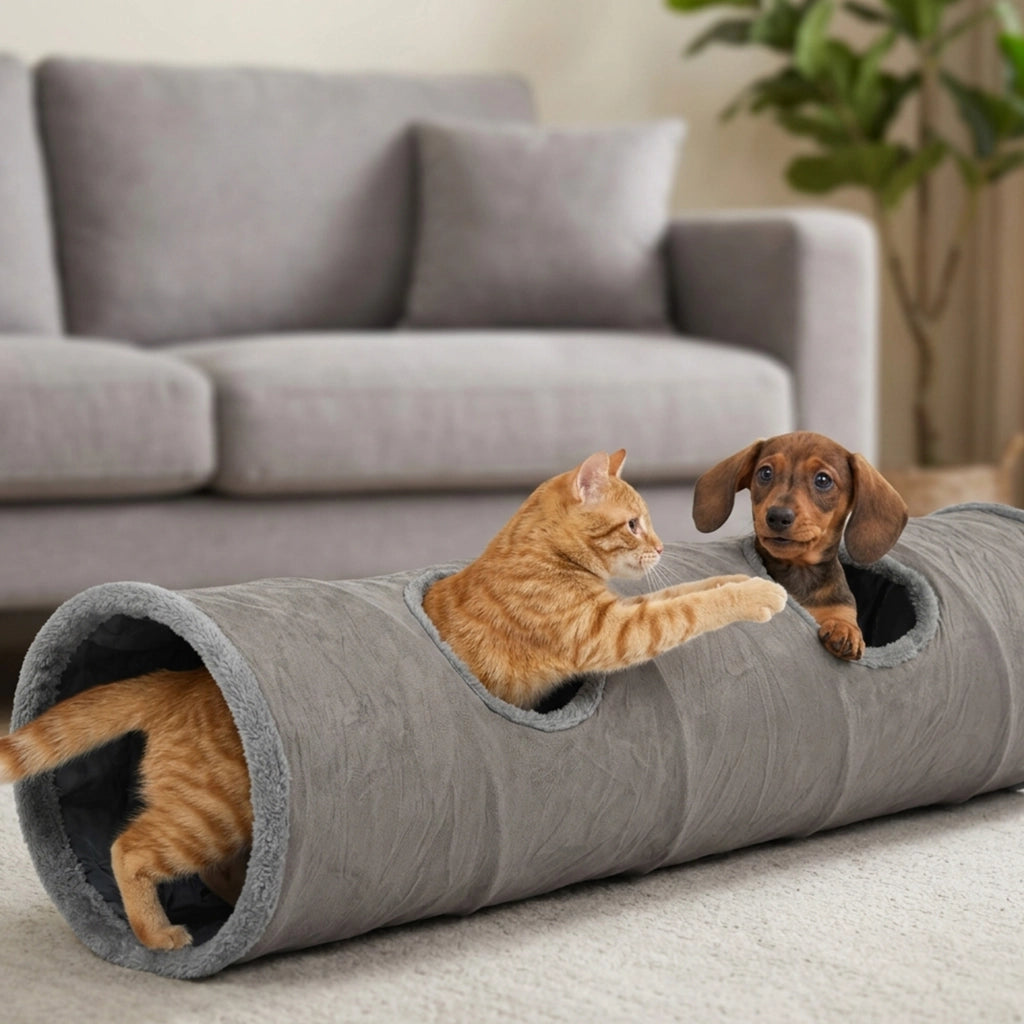 Tunnel gioco pieghevole in peluche per gatti, con aperture multiple e pallina