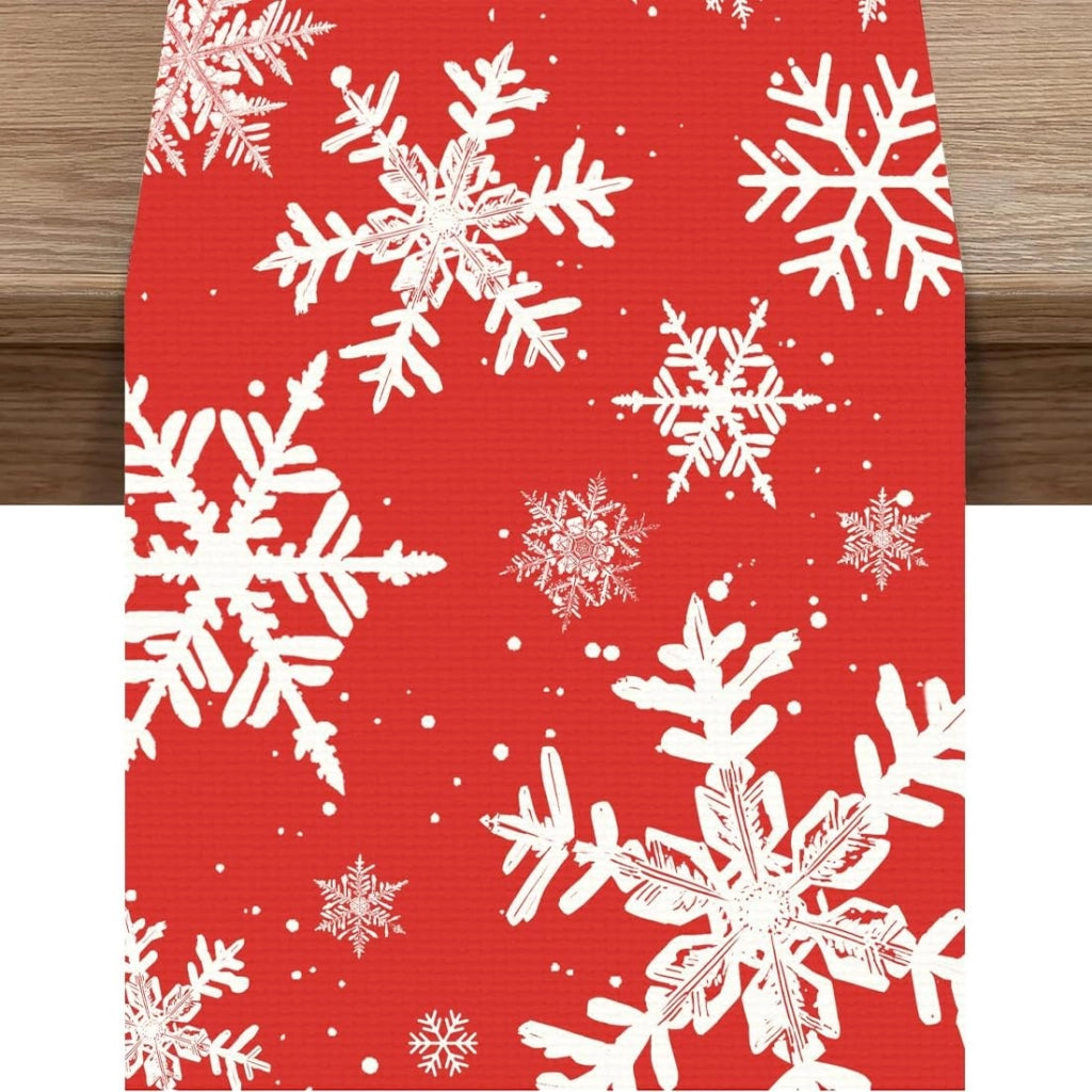 Tovaglia decorativa rossa con motivo a fiocchi di neve, 40x180 cm, lavabile, ideale per Natale