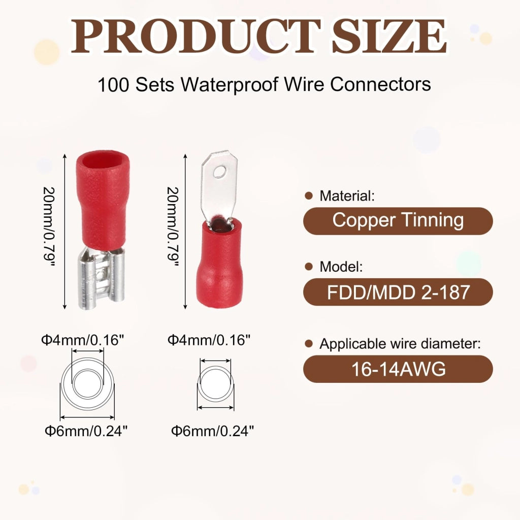 100 connettori a crimpare, tipo "busbar", per cavi da 16 a 14 AWG, isolati di colore rosso