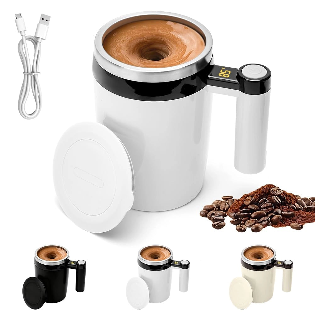 Tazza da caffè auto-agitante, capacità 380 ml, con tecnologia magnetica, alimentazione USB-C, colore bianco