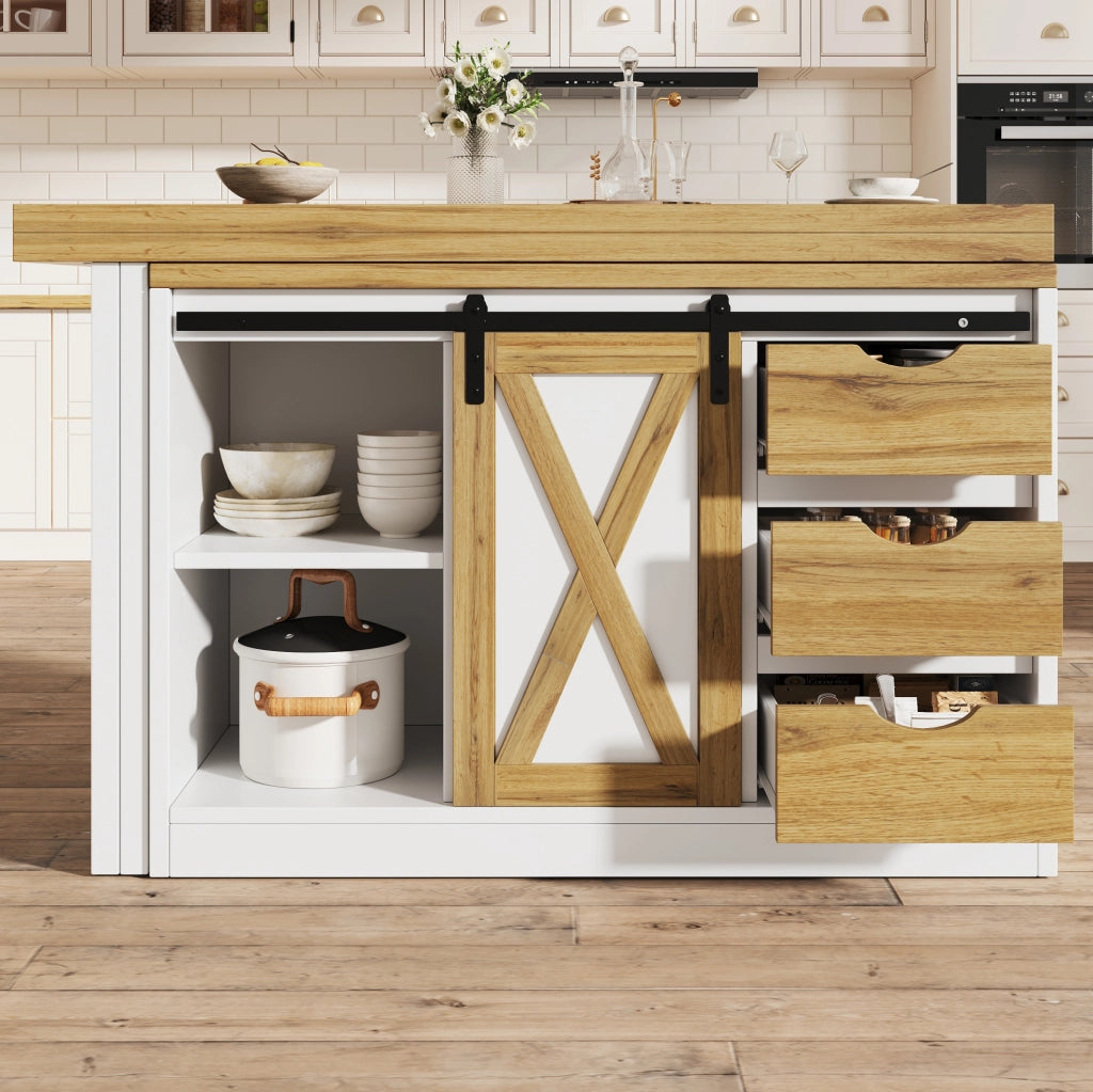 Isola cucina con tavolo orientabile e anta scorrevole, 120–197 cm