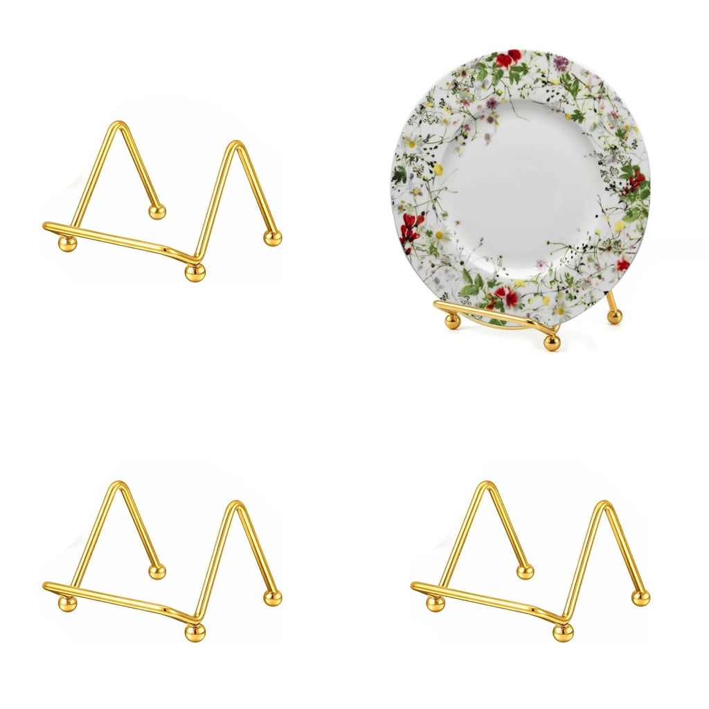 4 piccoli supporti per targhette in metallo, color oro, dimensioni 8x6,4x5 cm, ideali per essere posizionati su tavoli