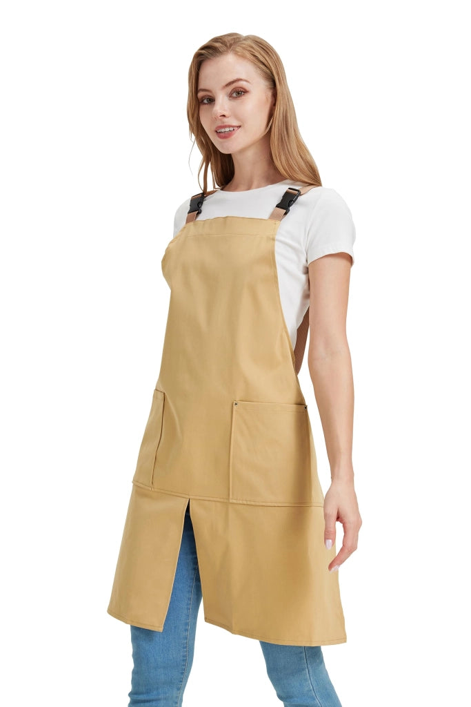 Grembiule, idrorepellente, con chiusura posteriore a forma di H, regolabile, 2 tasche, color cammello, taglia unica
