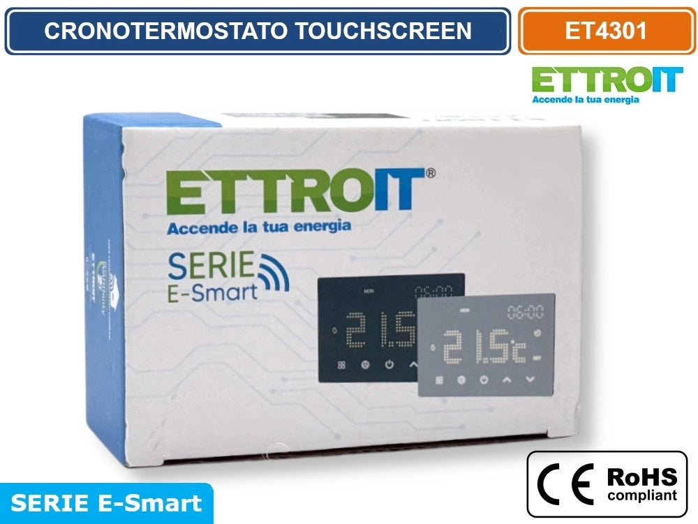 ETTROIT ET4301 CRONOTERMOSTATO TOUCH SCREEN AC 230V PROGRAMMABILE DA INCASSO SU SCATOLA 503 BIANCO