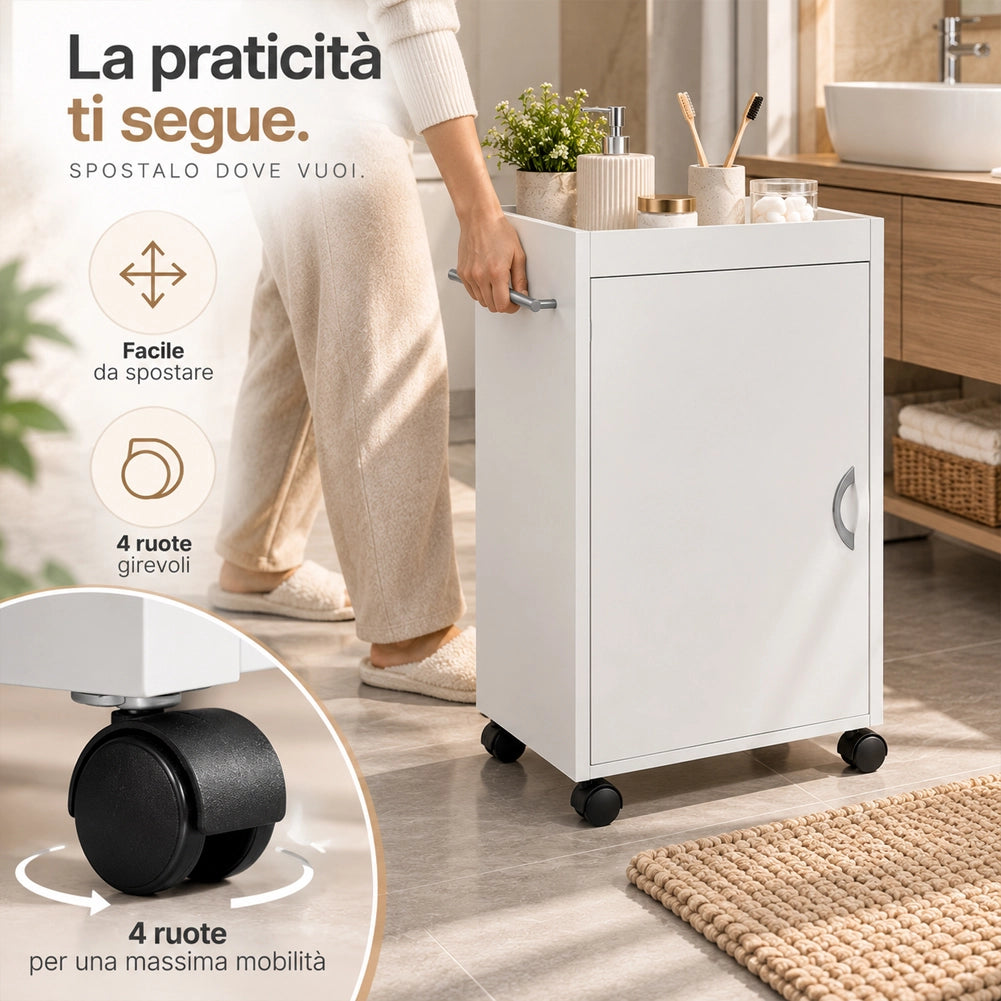 Carrello Bagno Cucina Multiuso Mobiletto Salvaspazio Legno MDF Bianco 4 Ruote