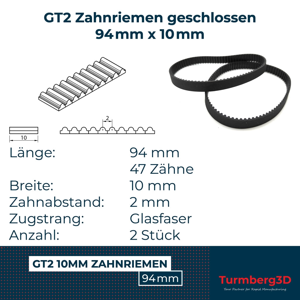 Cinghia GT2, larghezza 10 mm, lunghezza 94 mm, confezione da 2 pezzi, realizzata in fibra di vetro