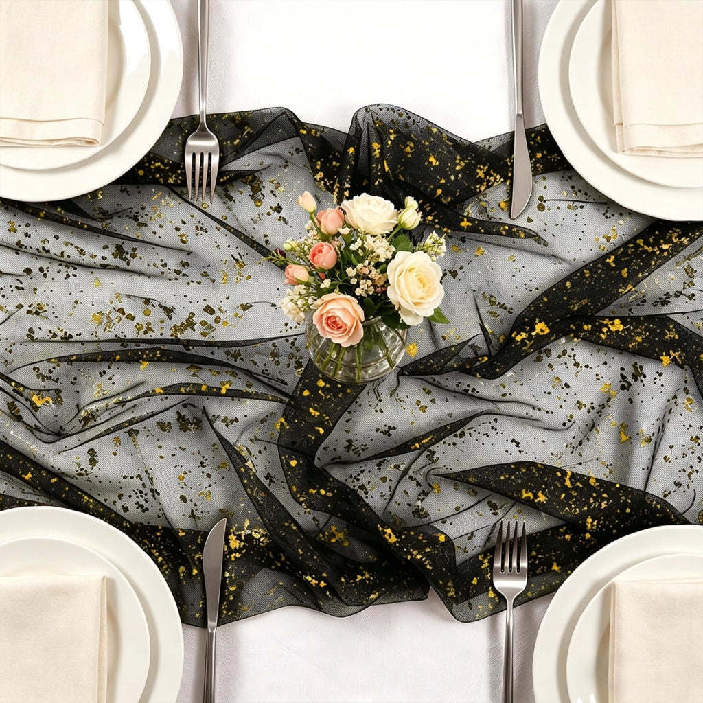 Nastro in tulle nero e oro, 75x300 cm, con finiture in foglia d'oro lucida