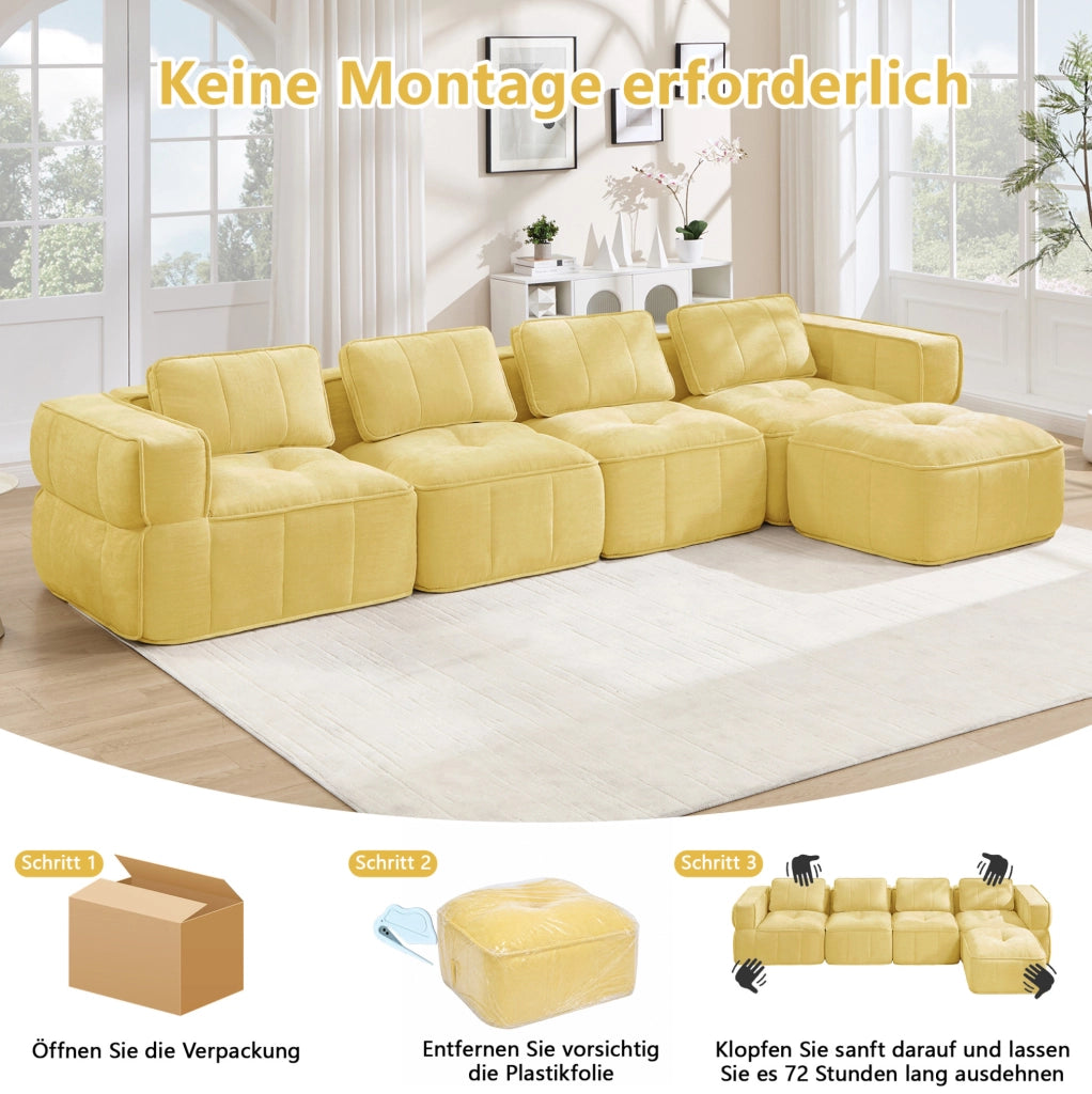 Divano modulare senza struttura con pouf, giallo, 344 cm