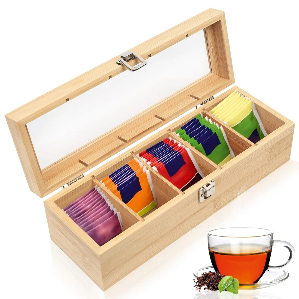 Organizzatore per tee da golf in bambù, con 5 scomparti, finestra trasparente, dimensioni 30x10x9 cm