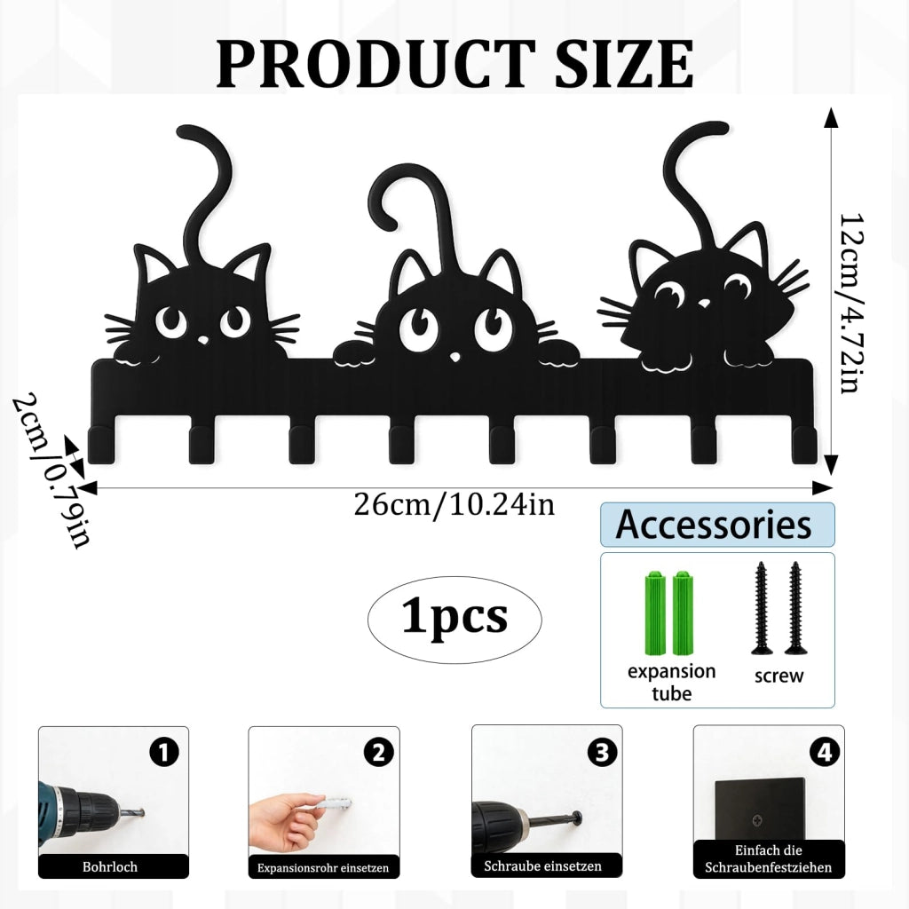 Pannello portachiavi con 8 ganci, motivo gatto, metallo, nero